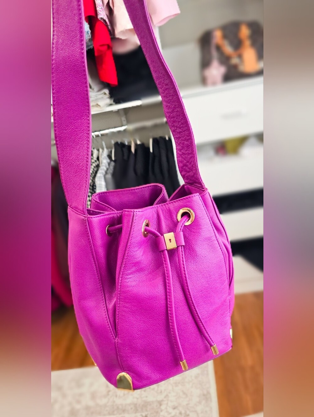 Vince Camuto Women's Fuchsia Genuine Leather Drawstring Bucket Bag - Picture 8 of 9